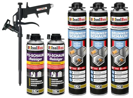 Isolbau - Brunnenschaum 1K Bauschaum Wasserdicht Aussen und Innen - 3 x Montageschaum 750 ml, 2 x PU-Schaum-Reiniger & 1 x Schaumpistole - PU-Schaum - Pistolenschaum Dämmschaum Isolierschaum