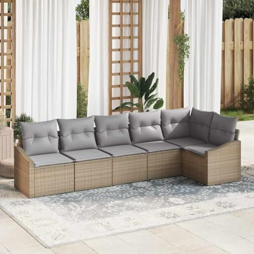 Holamys Gartensofa-Set mit Kissen, 6-teilig, Beige und Hellgrau, Poly-Rattan Geflecht, wetterfest für Terrasse, Balkon, Garten, Outdoor Möbel