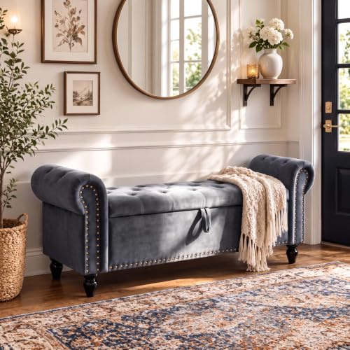 Clevich Sitzbank mit Stauraum, Sitzbänke mit Gasdruckfeder, 70L Sofa Bench | Fußbank mit Knöpfen Design, Samt Fensterbank, mit Schuhschrank, Geeignet für Eingangsbereich oder Kleiderschrank