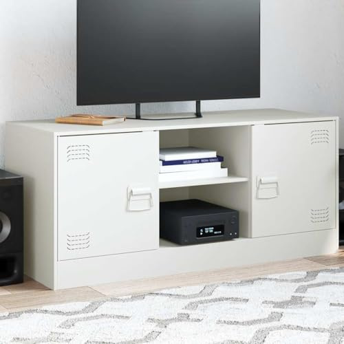 VIHHQGC TV-Konsolentisch Weiß 99x39x44 cm Stahl TV-Rack mit 2 Griffen und reichlich Stauraum für Zeitschriften Bücher Fernbedienungen