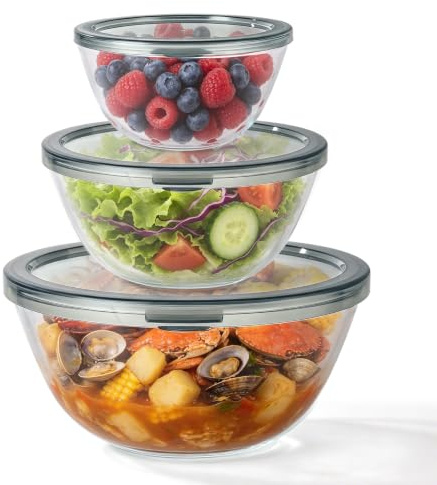 LDXDRU 3PCS Glass Mixing Bowls with Lids Set, Large Salad Serve Pan | 1050ml 2700ml 4400ml Kitchen Storage Nesting Cup Pack, Grey Plastic Cover Container Pieces to Prep Food or Dough