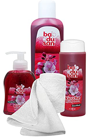 badusan Wohlfühlset Kirsche 4-teilig Duschbad, Schaumbad, Flüssigseife Geschenkset mit Handtuch, Baden mit Badusan Pflegeset Beautyset Beautypaket