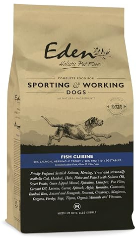 Eden Fish Cuisine Working Dog 15kg Medium Kibble. Naturally Complete Premium Dry Dog Food for Working Dogs - Salmon, Herring, Trout, White Fish, Green-lipped mussel & Spirulina