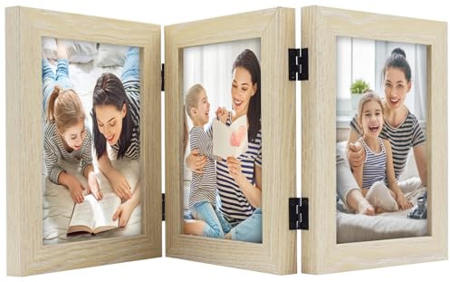 Golden State Art, 5x7 Triple Hinged Picture Frame, Three Photo Folding Frames, for Wedding Family Pictures Collage (Beige, Triple, 5x7)