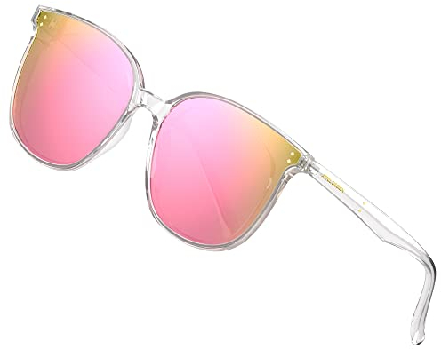 ATTCL Damen Sonnenbrille rund verspiegelt TR90 Rahme HD Nylonlinse Ultra Leicht JD222 Clear+pink