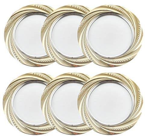 Insun Juego de 6 Bajo Platos Bandejas Redondas de Acero Inoxidable Bandejas de presentación para Pasteles o Buffet frío Plata Oro 35cm Diámetro