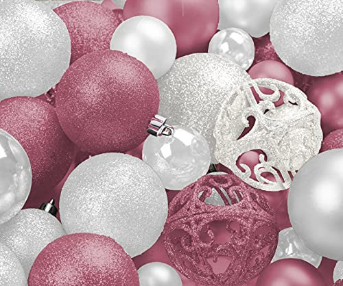 100 rosa und weiße Weihnachtskugeln bruchsicher + 100 Metall-Ornament-Haken, hängende Ornamente für Innen- und Außenbereich, Weihnachtsbaum, Feiertagsparty, Heimdekoration, Größen, 3 cm, 4,1 cm und
