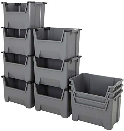 BiGDUG Large Plastic Stacking Bins (5 Pack) - 305x490x390 mm - Open Fronted Order Picking Boxes - Grey - Heavy Duty Storage Boxes