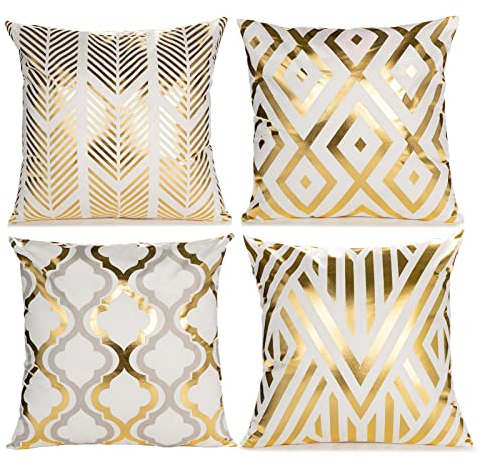 LAPONO 4 Stück samt Kissenbezug 45x45cm quadratische dekorative kissenhülle doppelseitige sofakissen Set couchkissen Schlafzimmer Kissen Wohnzimmer deko Polster kissenbezüge (Pillowcase-White Gold)