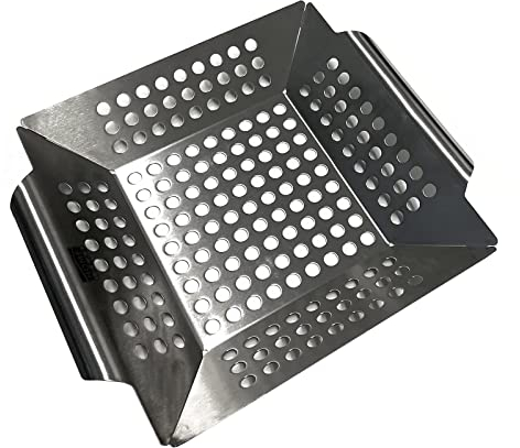 HAC24 Edelstahl Grillkorb 20 x 20 x 4 cm Grill Gemüsepfanne BBQ Lochpfanne Grillschale Grillrost Gemüsekorb