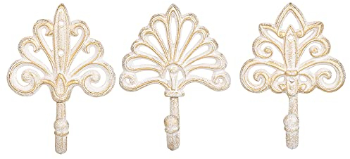 Sungmor Cast Iron Decorative Wall Hooks, 3PC Antique White Large Heavy Duty Wall Mounted Hanging Hooks, Unique Pretty French Country Style Farmhouse Wall Decor Hangers for Coats, Scarfs, Bags, Towels