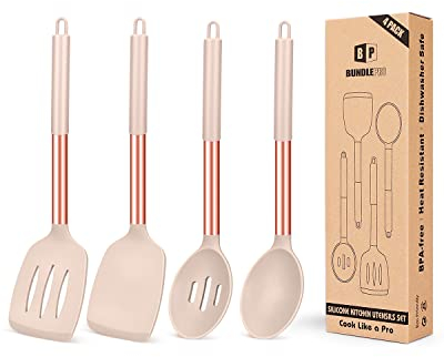 Lot de 4 ustensiles de cuisine en silicone antiadhésifs, grandes spatules solides, résistantes à la chaleur, cuillères ajourées or rose kaki, idéal pour frire, mélanger, servir, égoutter, retourner