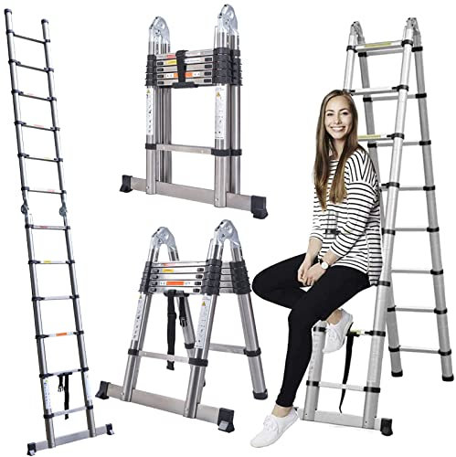 Telescopic Multi-Purpose Folding Ladder 12.5FT - Compact Stainless Steel Loft Attic Portable Extendable Extension With Adjustable Steps, EN131 Standard for Home (1.9+1.9 M)