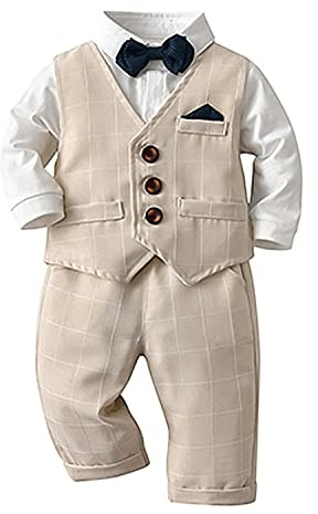 Volunboy Baby Anzug Jungen Anzugweste Hemd mit Fliege für Festlich Hochzeit Bekleidung Set 4tlg（9-12 Monate，Khaki-Plaid，Größe 70）