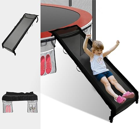 Eurmax USA Universal Easy-to-Assemble Trampoline Slide Ladder, Heavy Duty Steel Trampoline Accessory Slide for Kids Climb Up&Slide Down/Black with Shoes Pocket