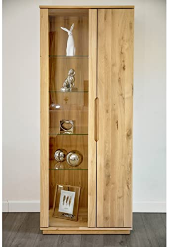 Mayaadi-Home Vitrine Abaro Wildeiche Natur geölt Schrank Vollholz Massivholz Wohnzimmerschrank Glasschrank Regal Esszimmer Schlafzimmer Kommode Glass 205x80x42 cm