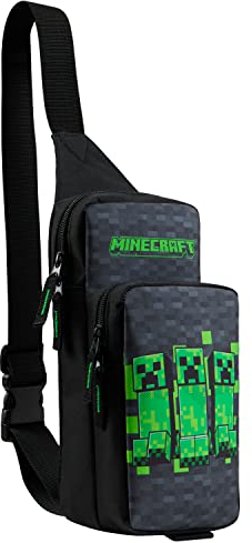 Minecraft Sling Bag Kinder, Brusttasche Umhängetasche mit Reißverschluss & Verstellbarem Gurt Geschenke für Jungs (Schwarz/Grün)