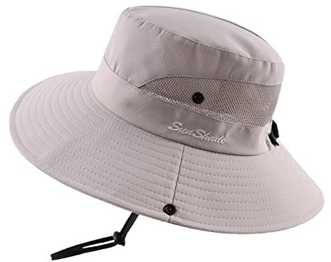 Pesaat Sonnenhut Damen UV Schutz Fischerhut knautschbarer Wasserfester Sommerhut mit Kinnband gartenhut Boonie hat damenfür Gartenarbeit Reisen Wandern Angeln(Gr.Erwachsener, Grau weiß)