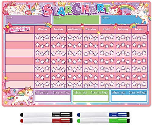 TMS Magnetic Reward Chart for Children - Star Chart for Recognising and Inspiring Good Behaviour in Toddlers, Kids, Boys and Girls - Comes with 4 Magnetic Coloured Dry Wipe Pens (Unicorns)