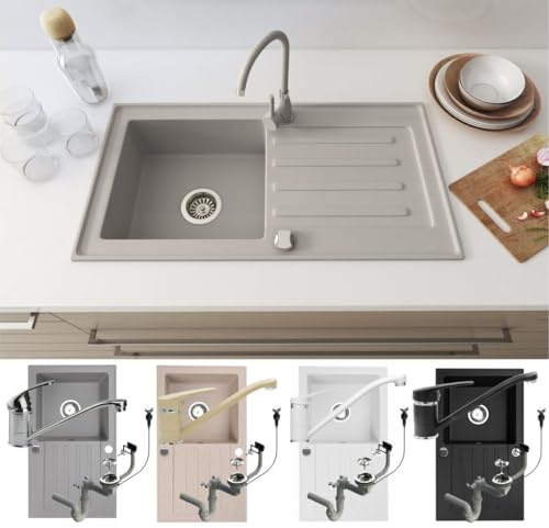 Faizee Möbel Granitspüle 76x44 Grau + Klein schwarz Küchenspüle Eckig Spülbecken f. Unterschränke ab 45 cm inkl.Siphon Set