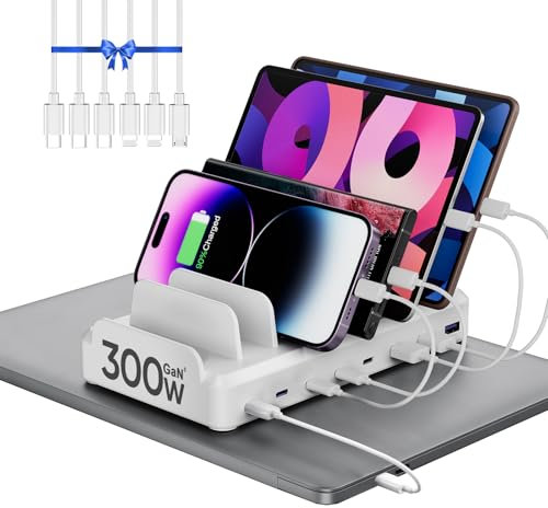 Station de charge 300 W pour plusieurs appareils, station de charge USB C à 8 ports, charge rapide pour MacBook, iPhone 15, téléphone, iPad, tablettes (6 câbles courts mixtes inclus) - Blanc