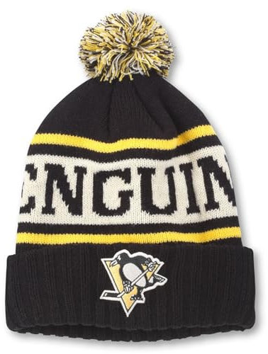AMERICAN NEEDLE NHL National Hockey League Team Pillow Line Knit Beanie Cap, Pittsburgh Penguins (Schwarz/Elfenbein/Gold), Einheitsgr��e