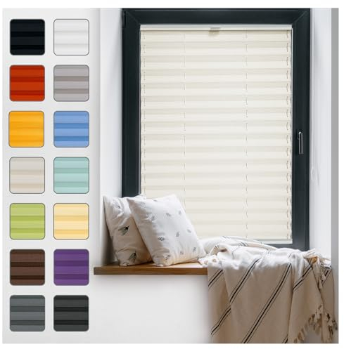 Fenster Plissee ohne Bohren zum Kleben Innenrahmen - Thermo Plisseerollo Innen - Rollo Jalousie, Halterungen auf Rahmen, Faltrollo, Sichtschutz, Blickdicht, für Fenster & Tür - Creme, 110 x 110 cm