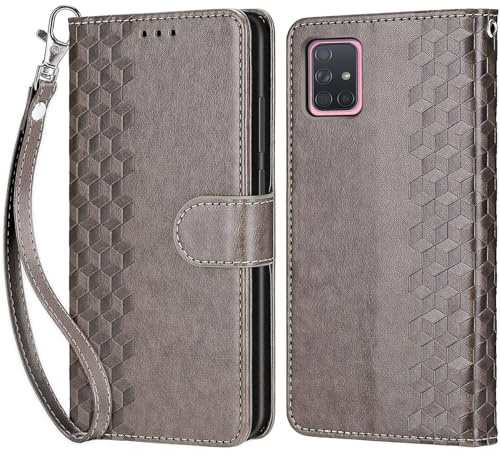 Handyhülle für Samsung Galaxy A71 Hülle, Grau | PU Leder Flip, Klappbar, Stoßfest, Magnetisch, Standfunktion, Kartenfächer, Retro Design, Handgelenkband