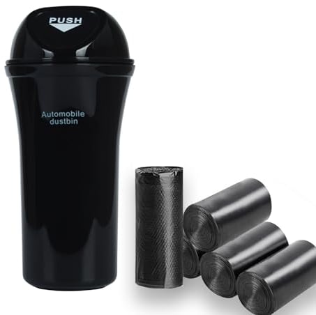 VBGURR Car Bin - Push-on Design with Lid, 5 Rolls Garbage Bags, Black