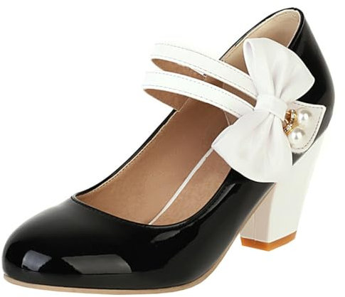 Etebella Damen Mary Jane High Heels Lack Pumps mit Blockabsatz und Schleife Rockabilly Vintage Schuhe(Schwarz,38)