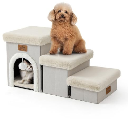 COZY KISS Haustiertreppe für Kleine Hunde mit Stauraum Und Wohnung, Hundetreppe Faltbare für Sofa Couch, Hunde Treppe mit Rutschfestem Boden, Lecksichere, Bis Zu 80kg, 33x69x36cm, 3 Stufen, Beige
