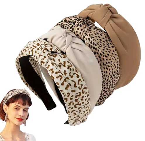 Esshogo 4 Stück Stirnbänder für Damen, Mode Geknotetes Haarband für Rutschfeste, Vielseitig Haarreifen, Haarreifen Mädchen Rutschfest & Komfortabel breiter Knoten, Haarreif Leopardenmuster