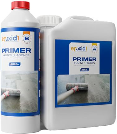 epoxid1® Epoxidharz mit Härter [EP-Grundierung] - Epoxy Primer, Haftgrund für Bodenbeschichtung, Garage, Werkstatt & Keller, Spezialgrundierung - 2K Epoxid-Harz für Fußboden (~25m² (7.5kg))