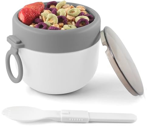 HUAERSICO Frühstücksbecher To Go mit Klapplöffel, 600 ml Fruchtsalat-Becher To Go Kinder, für Frühstück & Snacks, Auslaufsicherer Porridge Becher, Ideal für Schule, Ausflug, Arbeit und Picknick(Weiß)