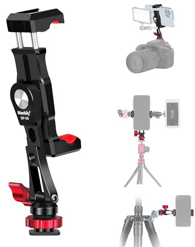 Manbily Cell Phone Holder Metal for Tripod, Smartphone Mount for Camera with 3 Cold Shoe, 1/4 Aluminum alloy, 360° Rotating DSLR Suitable for Mobile iPhone Fill Light, Vlog Video, Mic (SP-09)