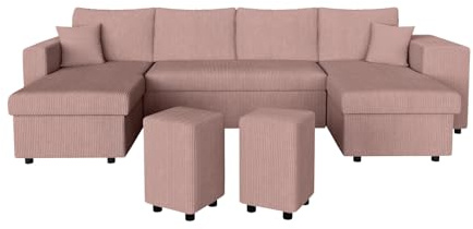 LOUNGITUDE Canapé d'angle panoramique Oslo Convertible avec 2 coffres et 2 poufs en Velours côtelé