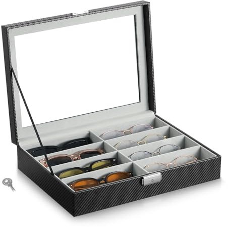 MoKo Sonnenbrillen Aufbewahrung für 8 Brillen, Brillenaufbewahrung Mehrere Brillen mit Sichtfenster Glasbox, Brillenbox mit Schloss für Sonnenbrille Uhren Schmuck, Schwarz