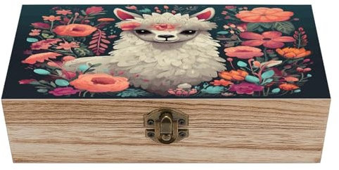 YHEGBFD Dekorative Aufbewahrungsbox aus Holz mit Deckel, niedlicher Lama-Blumendruck, Holzgeschenkboxen für Andenken, Schmuck und Heimdekoration