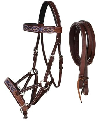 Sazaar Tack Bride de cheval Western en cuir sans mors + rênes fendues + collier de poitrine Western Marron ST-017B (pony)