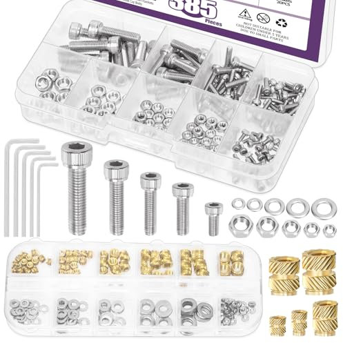 Swpeet 385Pcs 5 Sizes M2 M2.5 M3 M4 M5 Hex Socket Screws and Brass Threaded Inserts with Nuts Washers Hexagon Wrench Assortment Kit, 304 Stainless Steel Hexagon Socket Head Screws Bolts Nuts Washers