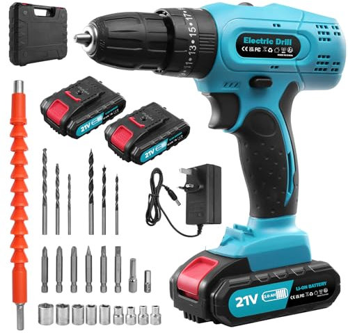 21V Cordless Drill,Battery Drill with 2×2.0Ah Batteries,50Nm Max Power Electric Drills Cordless,25+3 Torque Combi Drills with 2 Variable Speed,LED Light for Home and Garden DIY Project