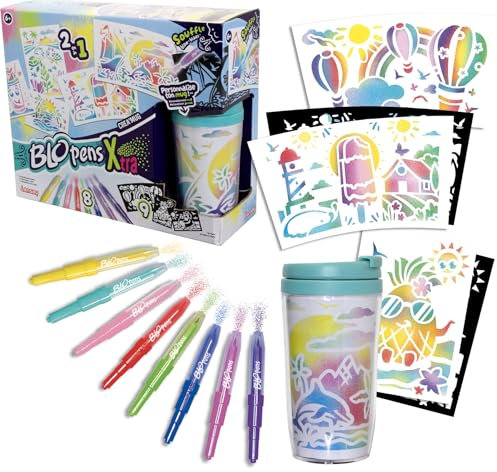 Lansay - BLOPENS X-TRA - Crea'Mug - Kit Personalisierung Tasse mit Becher - Für Kinder Ab 6 Jahren - 8 Blopens Filzstifte mit Airbrush-Effekt + 9 Wiederverwendbare Schablonen + 11 Zeichenblätter