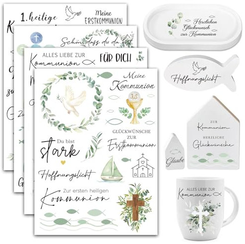 BOOMTOP 4Blatt Rub On Sticker Kommunion Aufkleber Eukalyptus Fisch Kreuz Rub On Folie Sprüche Herzlichen Glückwunsch zur Heilige Kommunion Rub Ons Transferfolie für Glas Holz Möbel Gips Keramik