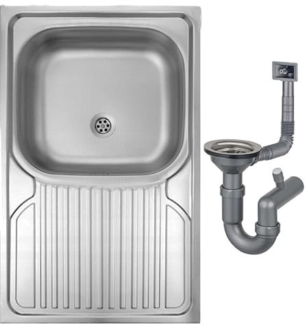 DomoDomo Apollo Fregadero de 1 cámara con escurridor, sifón y orificio para grifo (A/B) – Acabado satinado, 800 x 500 x 160 mm