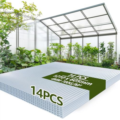 Warmfay 14PCS Polycarbonate Greenhouse Sheets 1210X605mm, 4mm Clear Greenhouse Panels Polycarbonate UV Resistant, Easy to Cut & Install, Twin Wall Plastic Roofing Sheet Heat and Sound Insulation