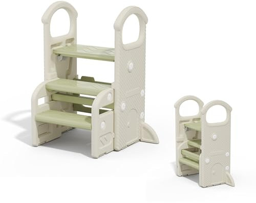 Hominewti Taburete Niños, Taburete Infantil con Escalones, Altura Ajustable 2-3 Niveles, Plegable y Multifuncional, con Reposabrazos y Base Antideslizante, para Baño, Lavabo, (Verde)