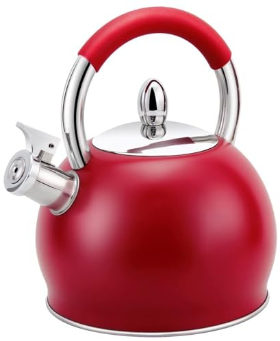 Rote Teekessel, Pfeifkessel for den Herd, Teekessel aus Edelstahl mit ergonomischem Cool-Touch-Griff for Induktion, Gasherd oder Elektroherd
