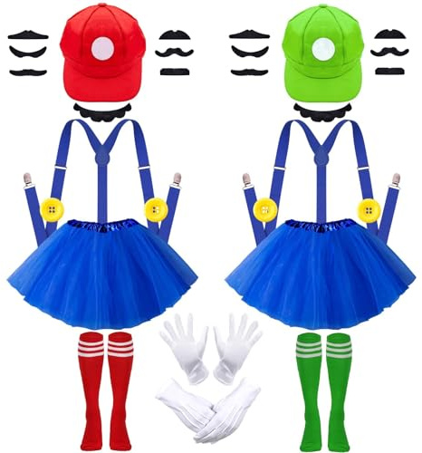 C1 World Book Day 2026 Costume Adults Women, Super Bros Costume Funny Carnival Costumes Accessories Hats, Tutu Skirt ,Gloves, Suspenders, Buttons, Mustaches Cosplay Fancy Dress Party Set Girls Boys