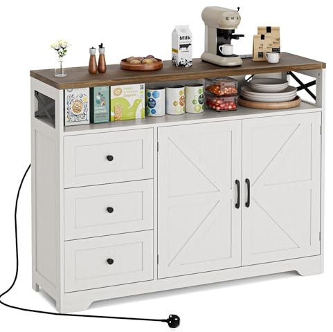 BonVache Sideboard Cabinet,Wooden Sideboard with Adjustable Shelf,3 Drawers and Open Shelf,Storage Cabinet for Living Room,Kitchen Storage Unit for Modern Home,White