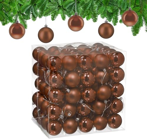Relaxdays Weihnachtskugeln 100er Set, Weihnachtsdeko, matt & glänzend, Christbaumkugel ∅ 6 cm, Weihnachtsbaumdeko, braun